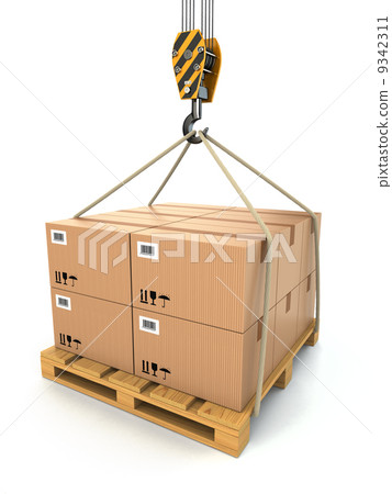 Cargo delivery. Pallet with cardboards lifted by crane. 9342311