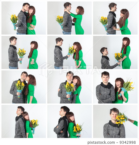 Collage happy young couple with bouquet flowers 9342998