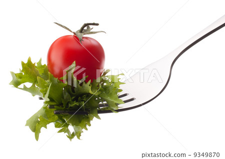 Fresh salad and cherry tomato on fork isolated on white backgrou 9349870
