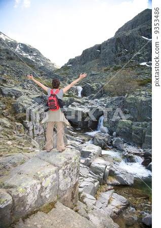 red rucksack woman free at mountains 9353486