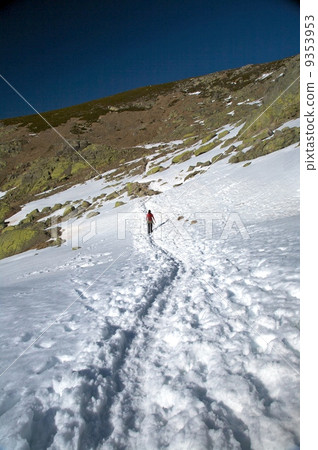 trekking alone on snow path trekking alone on snow path 9353953