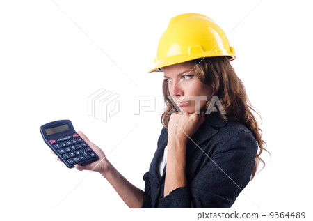 Female builder with calculator on white Female builder with calculator on white 9364489