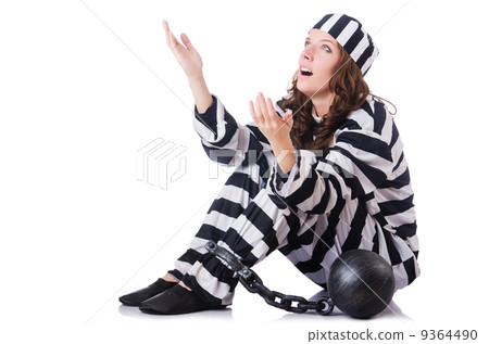 Prisoner in striped uniform on white 9364490