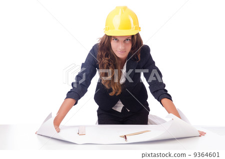 Woman architect with drawings on white 9364601