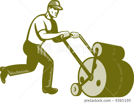 Gardener Landscaper Pushing Lawn Roller Retro Gardener Landscaper Pushing Lawn Roller Retro 9365195