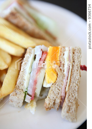 Club sandwich with on wood background 9366734