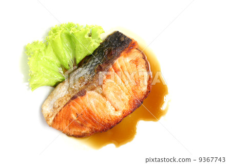 grilled salmon with teriyaki sauce isolated in white background grilled salmon with teriyaki sauce isolated in white background 9367743