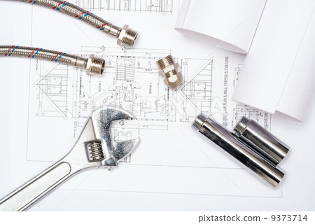 plumbing and drawings, construction still life plumbing and drawings, construction still life 9373714