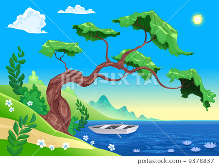Romantic landscape with tree and water. Romantic landscape with tree and water. 9378837