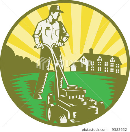 Gardener Mowing Lawn Mower Retro Gardener Mowing Lawn Mower Retro 9382632