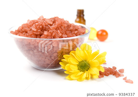 bath salt, oil balls in a bowl and flower bath salt, oil balls in a bowl and flower 9384337