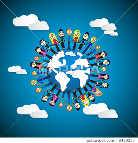 People - Women Holding Hands Around Globe on Blue Sky Background 9399255