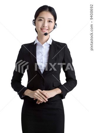 Female customer service officer with microphone headset studio white background Female customer service officer with microphone headset studio white background 9408692