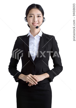 Female customer service officer with microphone headset studio white background Female customer service officer with microphone headset studio white background 9408693