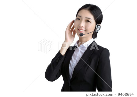 Female customer service officer with microphone headset studio white background  9408694