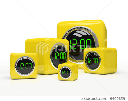 Five yellow clocks isolated on white background 3D 9409859