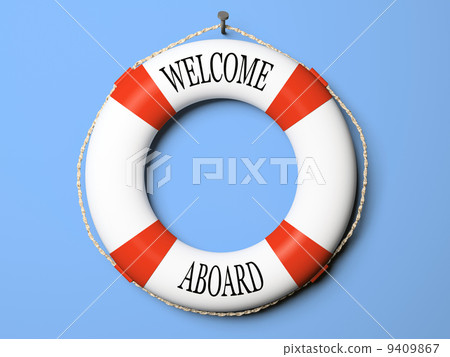 Red and white life buoy isolated on blue background Red and white life buoy isolated on blue background 9409867