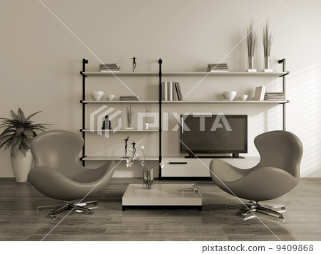 Modern interior (sepia) with armchairs 9409868