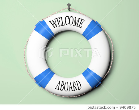 Blue and white life buoy isolated on green background Blue and white life buoy isolated on green background 9409875