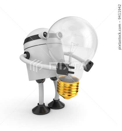Robot with lightbulb. I have idea metaphor. 9411942