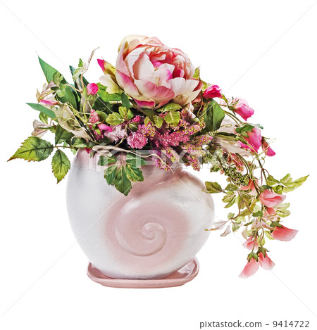 Colorful bouquet from roses and peon flowers in vase isolated on 9414722