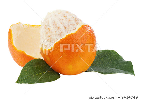 Peeled orange fruit with green leaves isolated on white backgrou 9414749