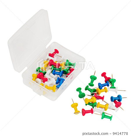Transparent plastic box with thumbtacks isolated on white backgr Transparent plastic box with thumbtacks isolated on white backgr 9414778
