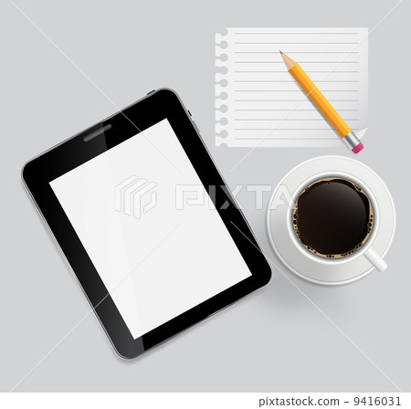 Abstract design tablet, coffee, pencil, blank page on boards Bac Abstract design tablet, coffee, pencil, blank page on boards Bac 9416031
