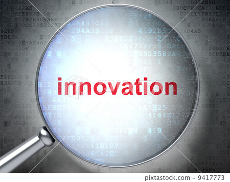 Magnifying optical glass with words innovation on digital backgr Magnifying optical glass with words innovation on digital backgr 9417773