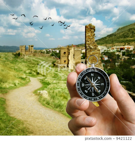 Man using a compass while sightseeing abroad Man using a compass while sightseeing abroad 9421122
