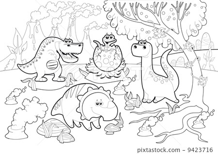 Funny dinosaurs in a prehistoric landscape, black and white. 9423716