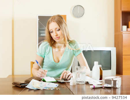 depressed woman counting the cost of treatment depressed woman counting the cost of treatment 9427534