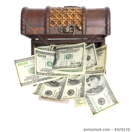 Hundred-dollar bills at chest box on a white background. 9429238