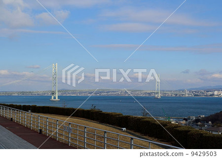 Akashi Kaikyo Bridge and Sea from Awajishima side Akashi Kaikyo Bridge and Sea from Awajishima side 9429503