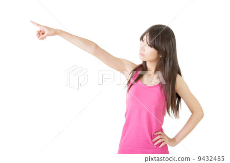 Young pretty asian woman pointing to the left Young pretty asian woman pointing to the left 9432485