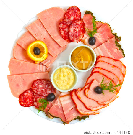 sausage sliced****** mustard isolated plate isolated a on white 9441158