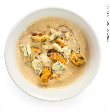 soup cheese and mushrooms isolated on white background soup cheese and mushrooms isolated on white background 9441310