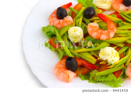 Fresh shrimp with olives and cream close up on white background Fresh shrimp with olives and cream close up on white background 9441458