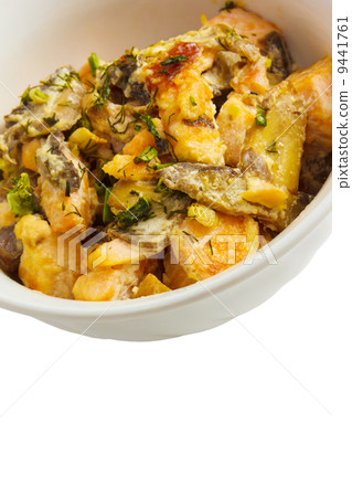 mushrooms and potatoes roasted isolated a on white background cl 9441761