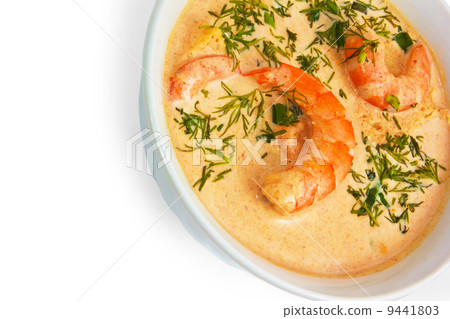 shrimp soup dill in bowl isolated on white background 9441803