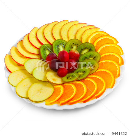 Salad of apples oranges grapes kiwi fruit slices on a plate isol Salad of apples oranges grapes kiwi fruit slices on a plate isol 9441832