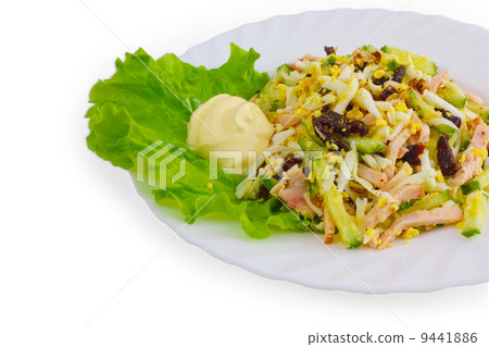salad and sausage food plate isolated on a white background 9441886