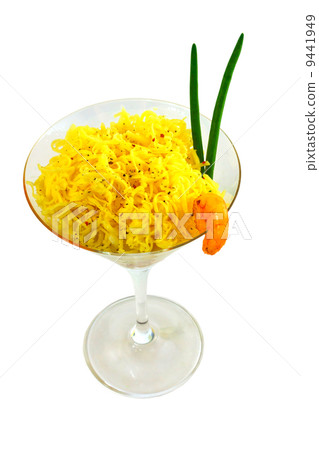 pasta salad shrimp onion isolated on white background clipping p 9441949