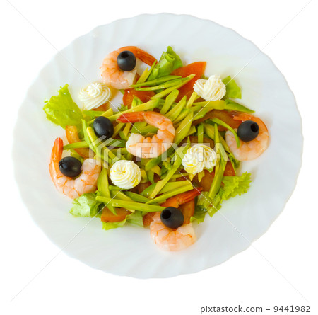 dish meal and shrimp salad olives isolated on white background c dish meal and shrimp salad olives isolated on white background c 9441982