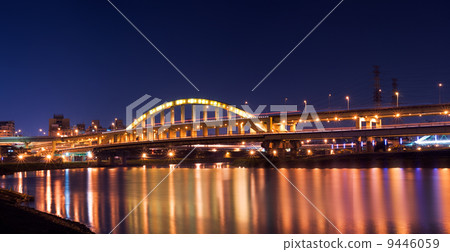 Dramatic panoramic city night scene of bridge 9446059