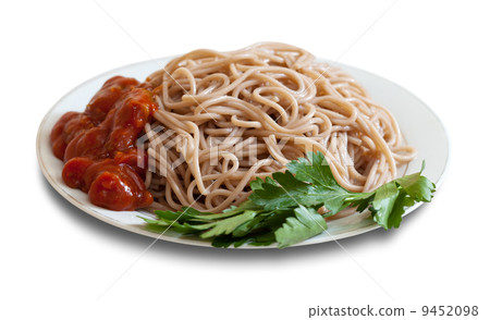 Buckwheat spaghetti pasta with ketchup 9452098