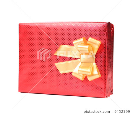 Red gift box with golden bow. 9452599