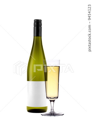 Full white wine glass goblet and bottle isolated 9454123