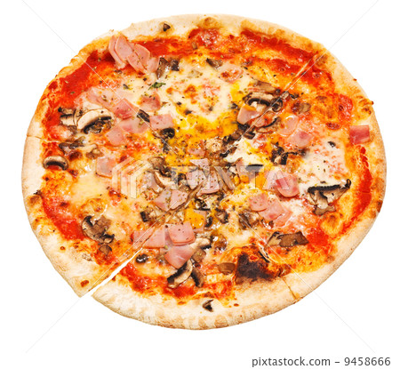 top view of thin pizza with mushrooms and ham 9458666