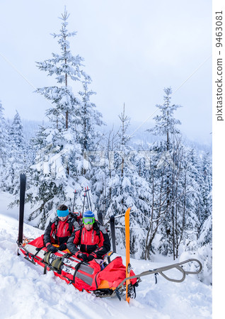 Ski patrol with rescue sled injured woman Ski patrol with rescue sled injured woman 9463081